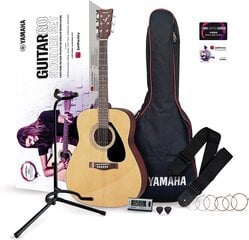 Yamaha Guitargo - startera komplekts - akustiskās ģitāras komplekts iesācējiem un atgriešanās dalībniekiem - ieskaitot virknes, cērtes, ķiķināšanu, skaņotāju, ģitāras stendu un daudz ko citu cena un informācija | Ģitāras | 220.lv