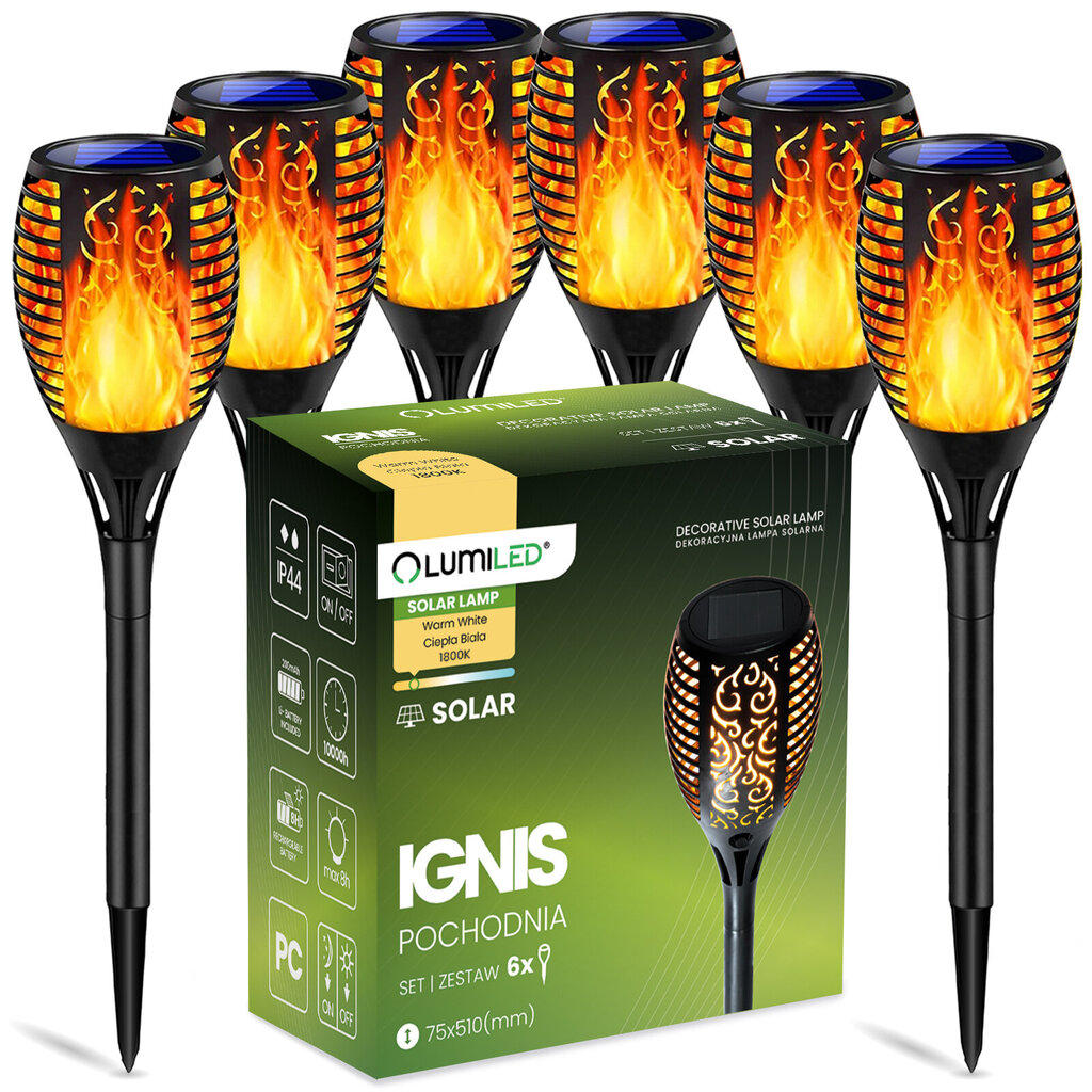 6x LED IGNIS Saules dārza lampas IGNIS braukšanas lukturis ar liesmas efektu 50cm LUMILED cena un informācija | Āra apgaismojums | 220.lv