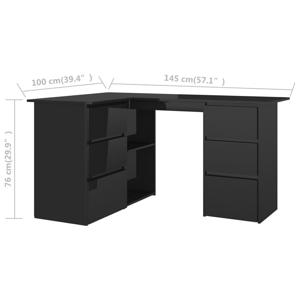 stūra rakstāmgalds, spīdīgi melns, 145x100x76 cm, skaidu plāksne cena un informācija | Datorgaldi, rakstāmgaldi, biroja galdi | 220.lv