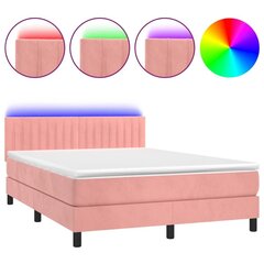 atsperu gulta ar matraci, LED, rozā samts, 140x190 cm cena un informācija | Gultas | 220.lv