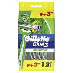 Gillette Blue3 Sensitive Vienreizējās Lietošanas Skuveklis Vīriešiem, 9+3 gab. cena un informācija | Skūšanās piederumi, kosmētika | 220.lv