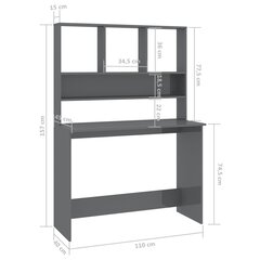 rakstāmgalds ar plauktiem, 110x45x157cm, skaidu plāksne, pelēks cena un informācija | Datorgaldi, rakstāmgaldi, biroja galdi | 220.lv