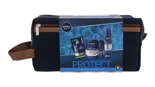 Komplekts Nivea Men Protect &amp; Care: skūšanās gels, 200 ml + dezodorants, 50 ml + pēcskūšanās balzams, 100 ml+ lūpu balzams, 4,8 g + kosmētikas somiņa cena un informācija | Skūšanās piederumi, kosmētika | 220.lv