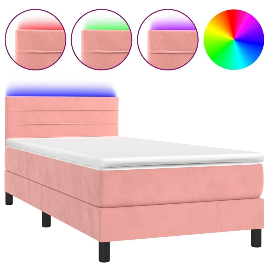 atsperu gulta ar matraci, LED, rozā samts, 80x200 cm cena un informācija | Gultas | 220.lv