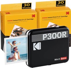 Kodak P300 Mini 3 retro, mobilā mobilā tālruņa foto printeris, saderīgs ar viedtālruni (iOS & Android), Bluetooth, 76x76 mm, 4Pass tehnoloģija, laminēšana, 68 lapa, melna cena un informācija | Printeri un daudzfunkcionālās ierīces | 220.lv