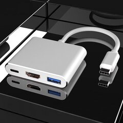 Alumīnija adapteris 3in1 USB-C uz HDMI 4K, USB 3.1, USB-C-Silver cena un informācija | Adapteri un USB centrmezgli | 220.lv