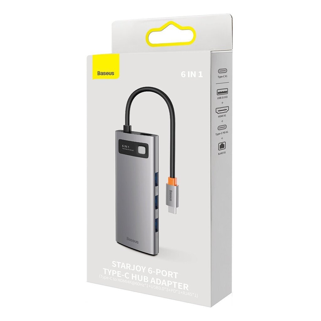 Karšu lasītājs, 6in1, Baseus StarJoy HUB, USB-C 3xUSB HDMI RJ45 PD, pelēks cena un informācija | Adapteri un USB centrmezgli | 220.lv