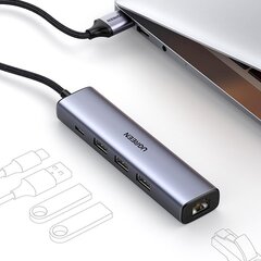 Многофункциональный адаптер-разветвитель HUB, Ugreen, USB 3.0 - 3x USB, Ethernet RJ-45 USB-C PD, серый цена и информация | Адаптеры и USB разветвители | 220.lv