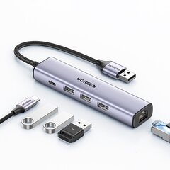 Многофункциональный адаптер-разветвитель HUB, Ugreen, USB 3.0 - 3x USB, Ethernet RJ-45 USB-C PD, серый цена и информация | Адаптеры и USB разветвители | 220.lv