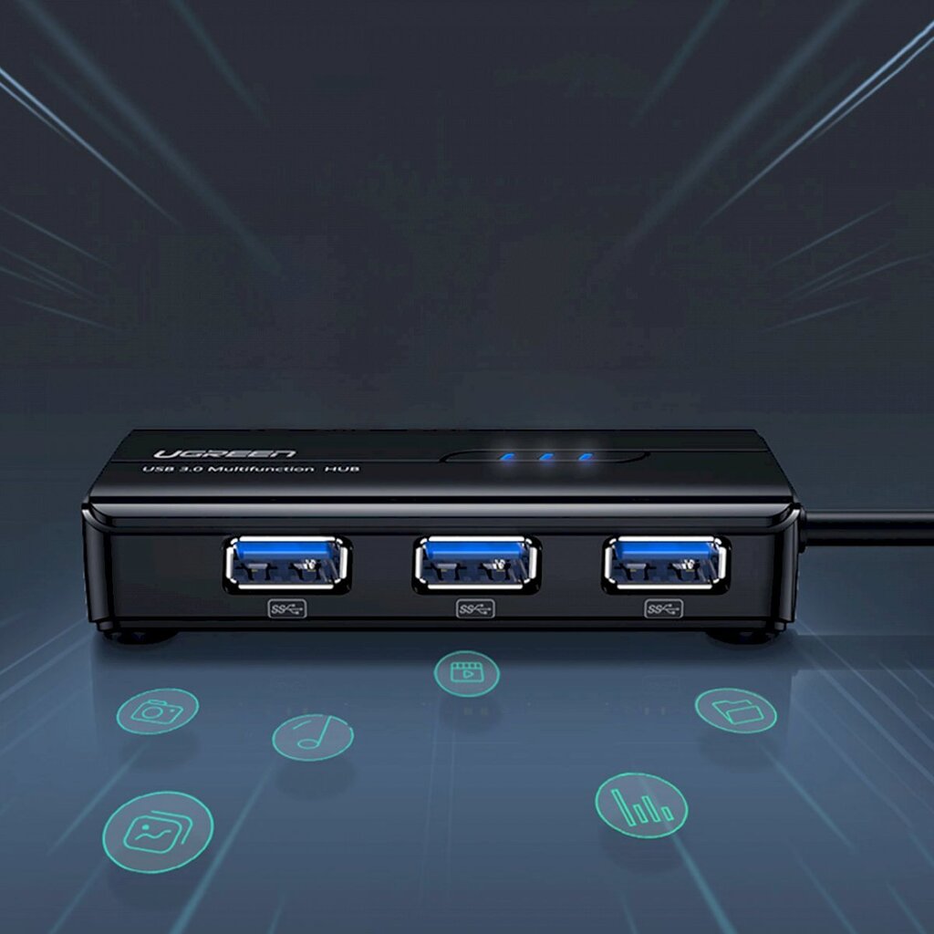 HUB tīkla adapteris, Ugreen 202651, USB-A, RJ45, 1000 Mbps., / 3x USB, 3.0, melns цена и информация | Adapteri un USB centrmezgli | 220.lv