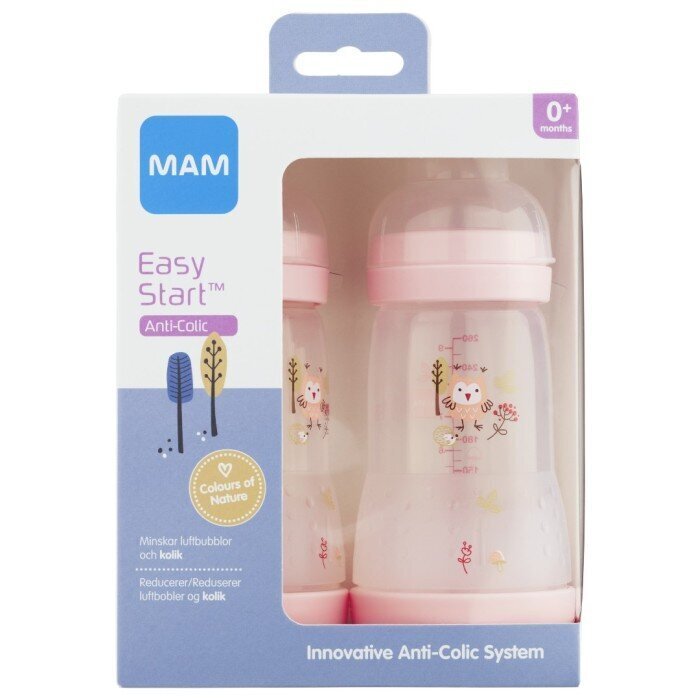 Zīdaiņu pudelīšu komplekts Mam Easy Start Anti-Colic, rozā, 0 mēn+, 260 ml, 2 gab. cena un informācija | Bērnu pudelītes un to aksesuāri | 220.lv