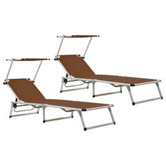 312461 Folding Sun Loungers with Roof 2 pcs Aluminium&amp;Textilene Brown cena un informācija | Sauļošanās krēsli | 220.lv