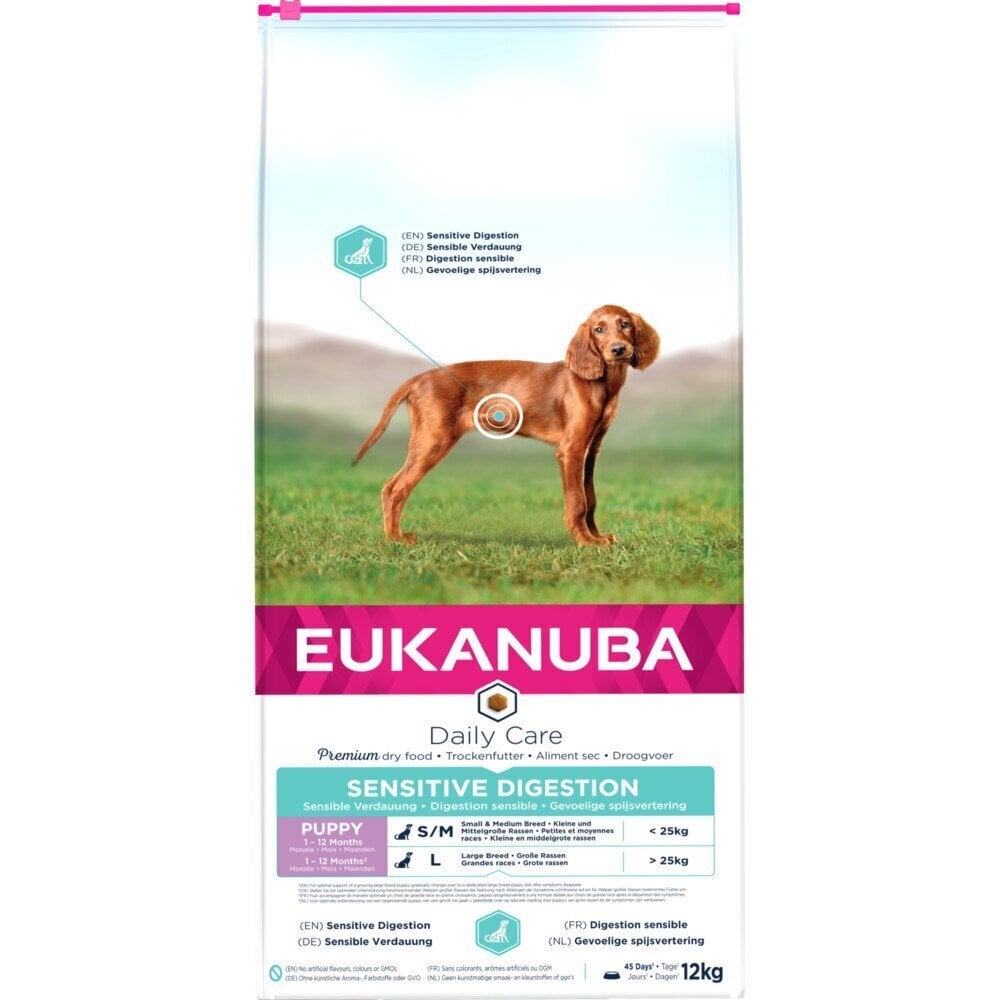 Eukanuba Daily Care Puppy Sensitive Digestion ar vistu un rīsiem, 12 kg cena un informācija | Sausā barība suņiem | 220.lv