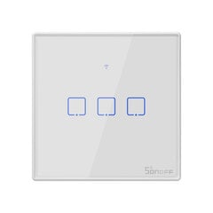 Viedā pieskāriena sienas slēdzis Sonoff T2EU3C-TX, 3 kanāli, 600W/kanāls, 230VAC, vadāms ar pieskāriena pogu, lietotne, Wi-Fi, iespējama balss vadība un SONOFF puti (pults nav iekļauta komplektā) cena un informācija | Drošības sistēmas, kontrolieri | 220.lv