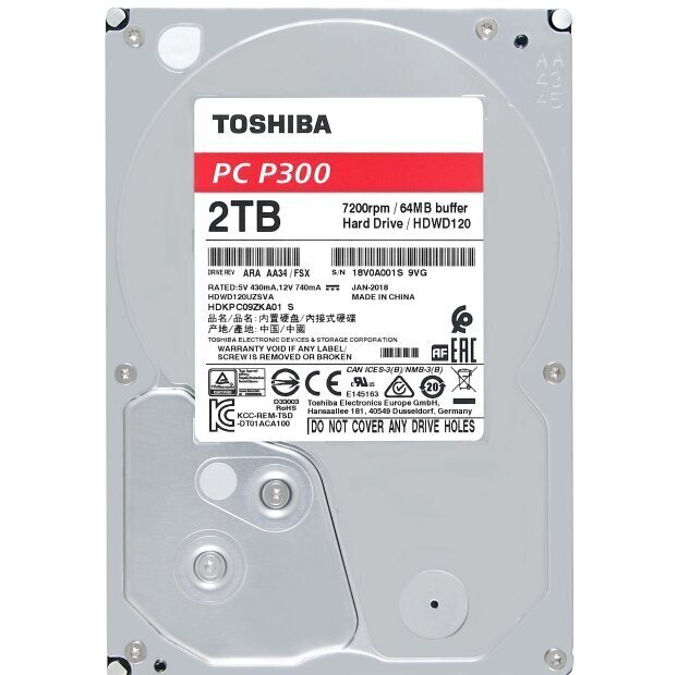 Toshiba HDD P300 BULK 3.5 2TB SATA 7200RPM 64MB цена и информация | Iekšējie cietie diski (HDD, SSD, Hybrid) | 220.lv