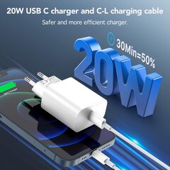 Everdigi USB C lādētājs 20W spraudnis Ātra lādētāja sienas lādētājs un C-L lādēšanas kabelis 1m Piemērots tālrunim cena un informācija | Lādētāji un adapteri | 220.lv