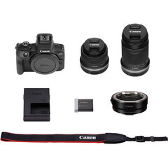 Canon EOS R100 + RF-S 18-45mm + RF-S 55-210 mm + stiprinājuma adapteris EF-EOS R cena un informācija | Digitālās fotokameras | 220.lv