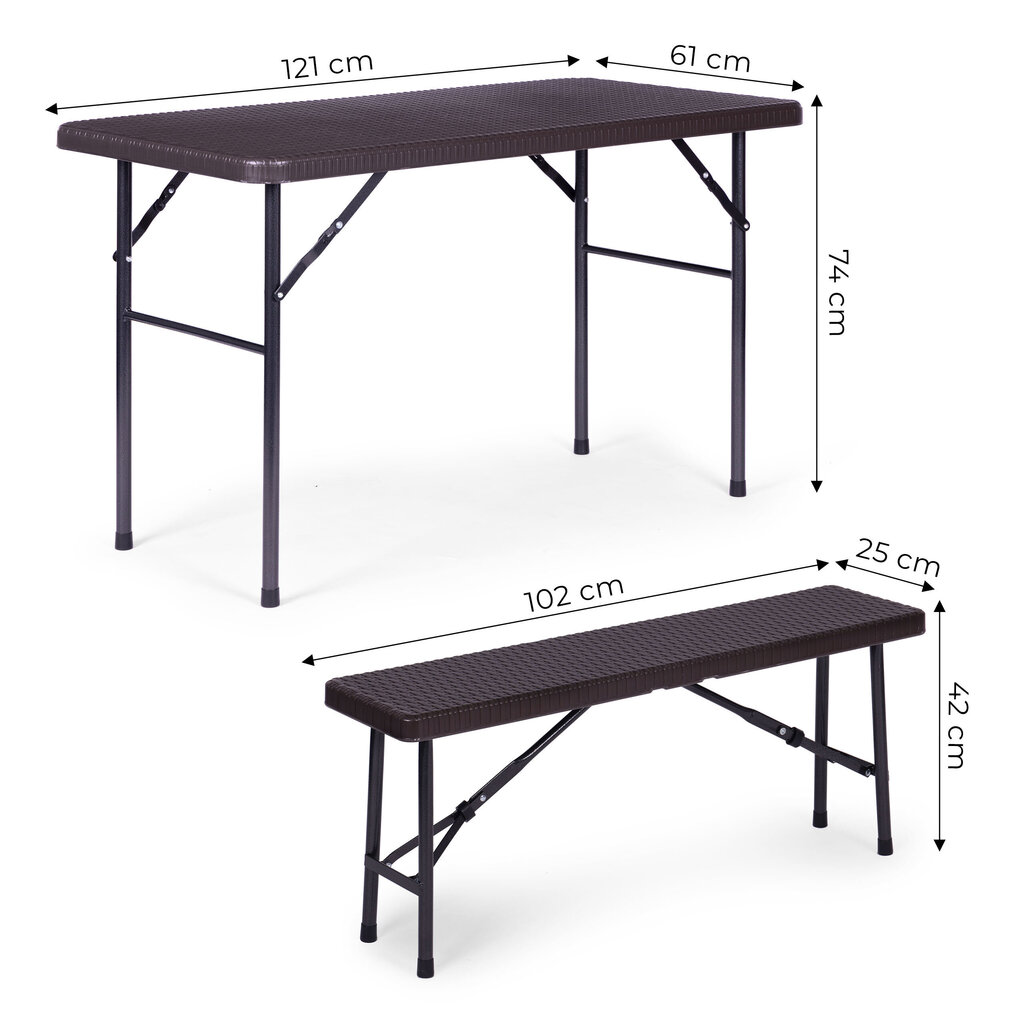 Ēdināšanas komplekts 120 cm galds 2 soli banketu komplekts -BRŪNS cena un informācija | Dārza galdi | 220.lv