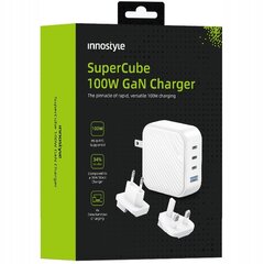 INNOSTYLE SUPER CUBE POWERFUL FAST CHARGER GAN TRAVEL EU US UK AU 4X USB USB-C 100W WHITE цена и информация | Зарядные устройства для телефонов | 220.lv