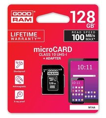 Atmiņas karte Goodram MicroSDXC 128GB Class 10/UHS 1 + Adapteris cena un informācija | Atmiņas kartes mobilajiem telefoniem | 220.lv