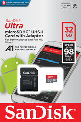 Карта памяти Sandisk 32GB Ultra Android microSDHC + SD Adapter + Memory Zone App 98MB/s A1 Class 10 UHS-I цена и информация | Карты памяти для мобильных телефонов | 220.lv