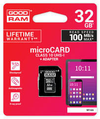 Карта памяти GOODRAM MicroSD 32Gb (class 10) + SD Адаптер цена и информация | Карты памяти для мобильных телефонов | 220.lv