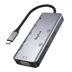 Hub 9in1 RayCue USB-C to 2x USB-A 3.0 5Gbps + 2x SD|TF 3.0 + 2x HDMI 4K30Hz + VGA 1080p + jack 3.5mm + PD 3.0 100W (gray) цена и информация | Адаптеры и USB разветвители | 220.lv