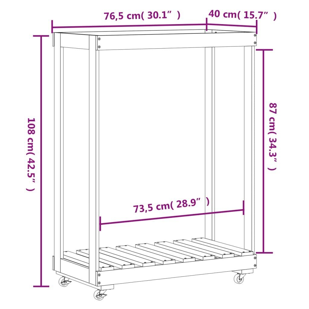 Malkas turētājs ar riteņiem, balts, 76,5x40x108cm, priede cena un informācija | Dārza mājiņas, šķūņi, malkas nojumes | 220.lv