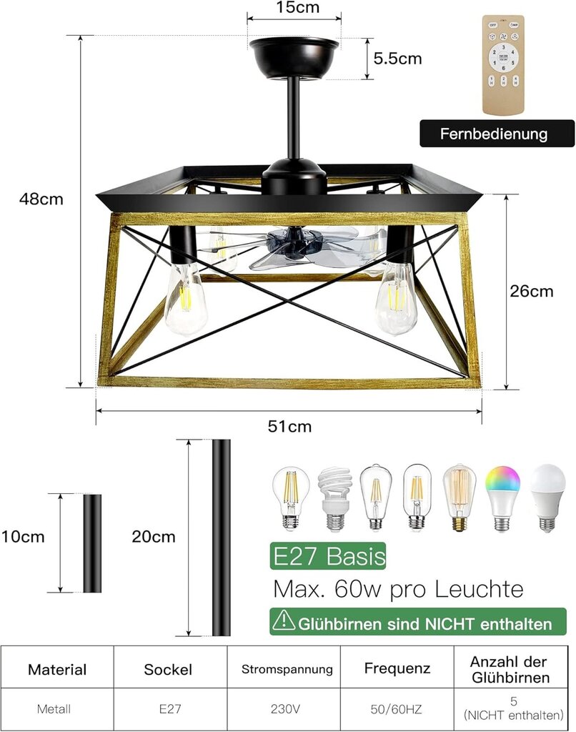 Griestu lampa ar ventilatoru Dexnump, diametrs 51x26cm, 60W, melna cena un informācija | Griestu lampas | 220.lv