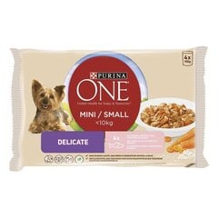 PURINA ONE мокрый корм для собак до 10 кг с лососем, рисом и морковью в соусе 4 пакетика по 100 грамм цена и информация | Консервы для собак | 220.lv