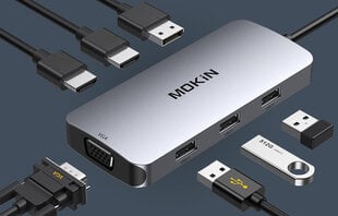 MOKiN 7in1 Adapter Hub USB-C to 2x HDMI + 3x USB 2.0 + DP + VGA (silver) цена и информация | Адаптеры и USB разветвители | 220.lv