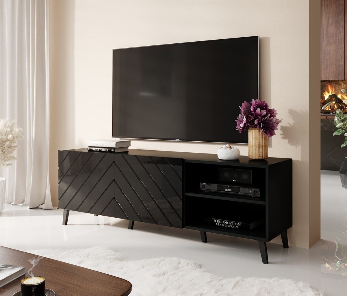 TV galdiņš Cama Meble Abeto, 150x42x52 cm, melns cena un informācija | TV galdiņi | 220.lv
