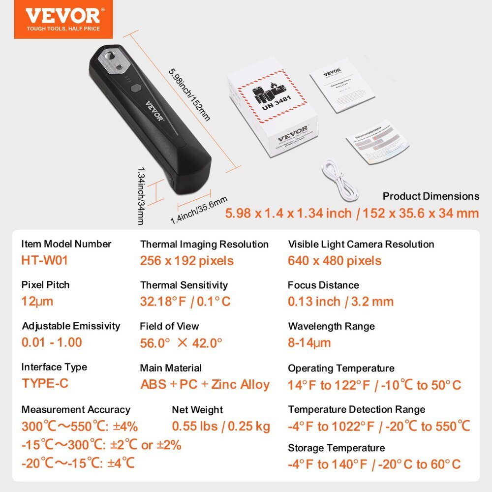 Vevor Termokamera, Android un iOS, 256 x 192, Wi-Fi cena un informācija | Rokas instrumenti | 220.lv