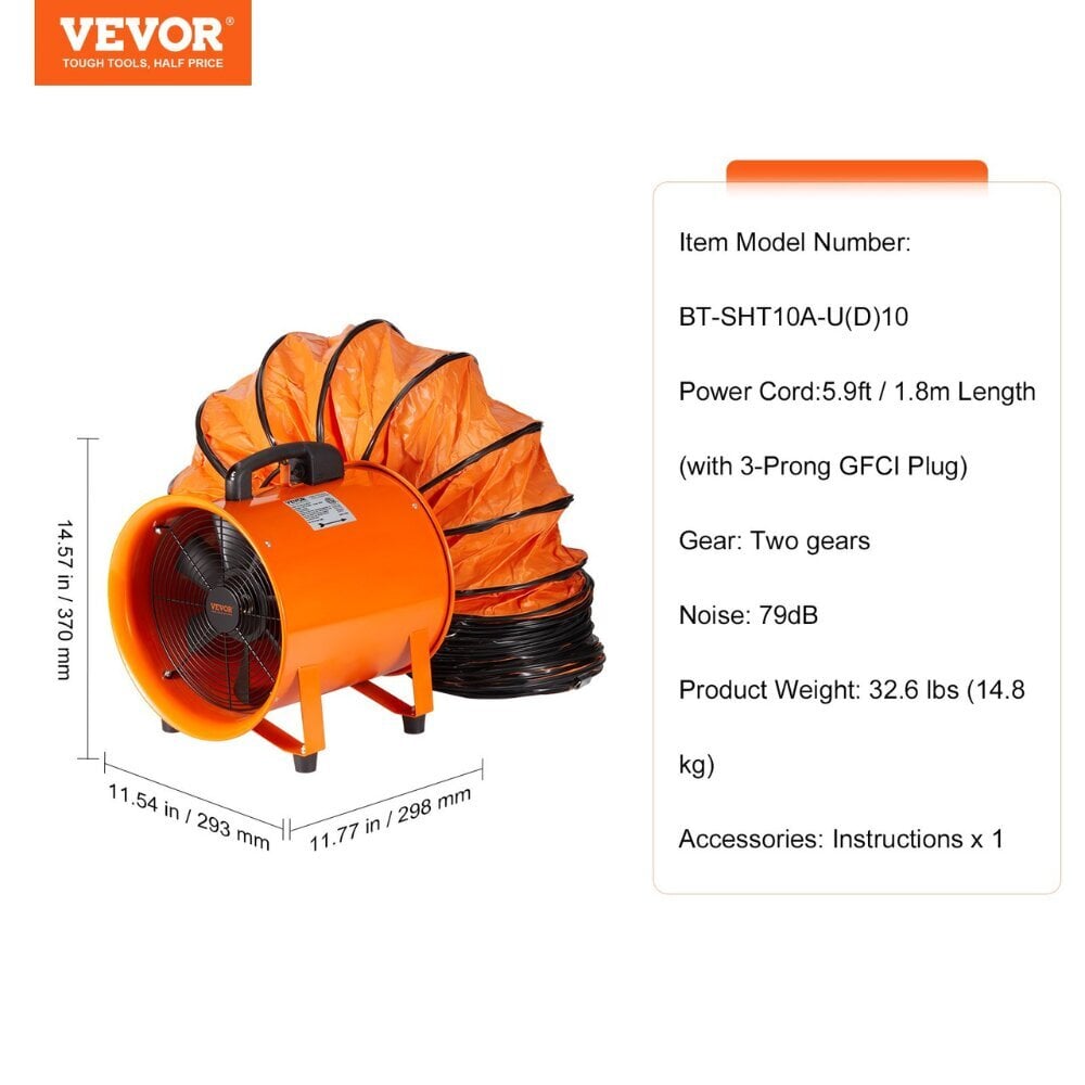 Būvniecības ventilators ar šļūteni Vevor, 300W, 2922 m³/h, 2830 apgr./min cena un informācija | Ventilatori | 220.lv