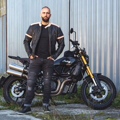 Vīriešu ādas jaka W-TEC Hellsto - melna ar bēšu un oranžu svītru 6XL cena un informācija | Moto jakas | 220.lv