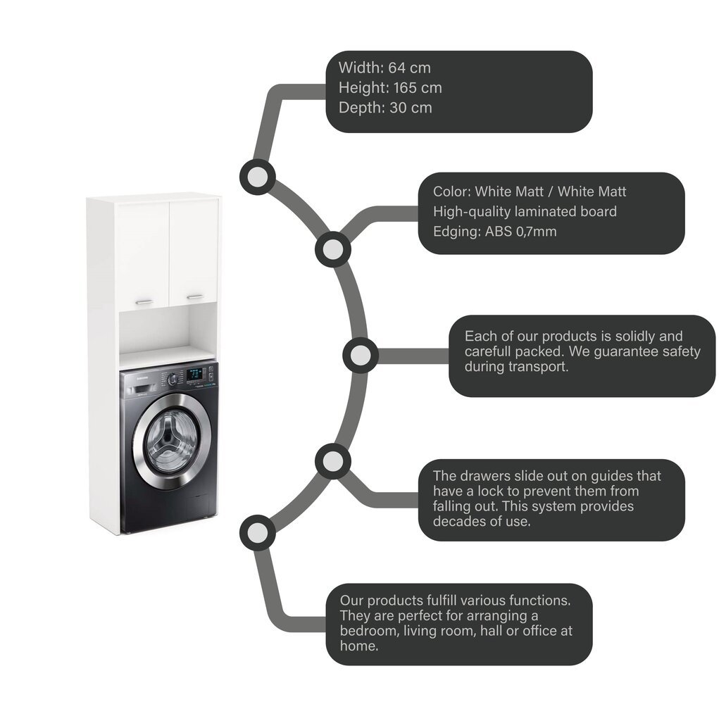 Veļasmašīnas skapītis Stiv-Meble, balts, 165x64x30 cm цена и информация | Vannas istabas skapīši | 220.lv