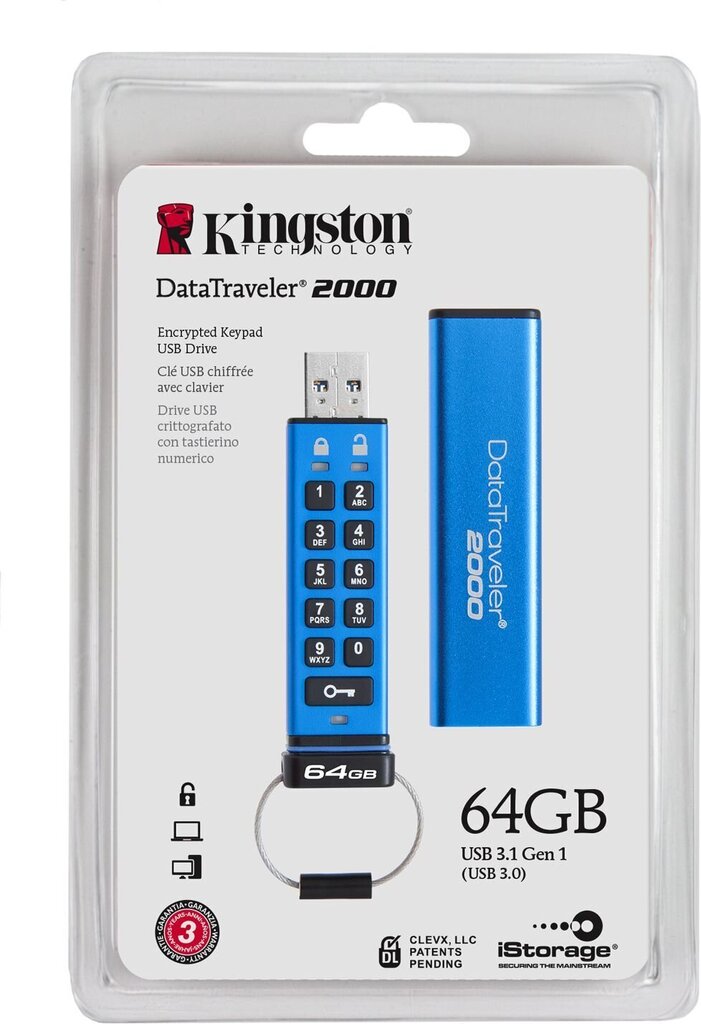 USB atmiņas karte Kingston 64GB USB 3.0 DT2000 ar kodu slēdzeni cena un informācija | USB Atmiņas kartes | 220.lv