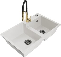 Granitinė virtuvinė plautuvė Mexen Tomas su maišytuvu ir sifonu, White+Black/Gold цена и информация | Раковины на кухню | 220.lv