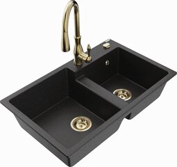 Granitinė virtuvinė plautuvė Mexen Tomas su maišytuvu ir sifonu, Metallic black/silver+Gold цена и информация | Раковины на кухню | 220.lv