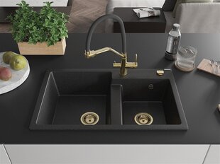 Granitinė virtuvinė plautuvė Mexen Tomas su maišytuvu ir sifonu, Metallic black/silver+Black/Gold цена и информация | Раковины на кухню | 220.lv