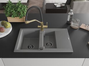 Granitinė virtuvinė plautuvė Mexen Gaspar su maišytuvu ir sifonu, Grey+Black/Gold цена и информация | Раковины на кухню | 220.lv