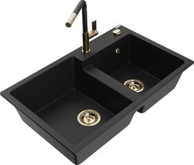 Granitinė virtuvinė plautuvė Mexen Tomas su maišytuvu ir sifonu, Black+Black/Gold цена и информация | Раковины на кухню | 220.lv