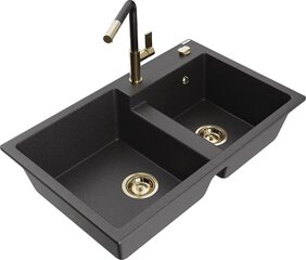 Granitinė virtuvinė plautuvė Mexen Tomas su maišytuvu ir sifonu, Black granite+Black/Gold цена и информация | Раковины на кухню | 220.lv