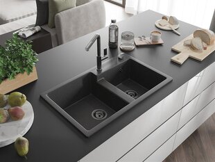 Granitinė virtuvinė plautuvė Mexen Tomas su maišytuvu ir sifonu, Black granite+Black granite/Chrome цена и информация | Раковины на кухню | 220.lv