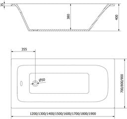 Vanna Mexen Vega ar apdari un stikla sienu, 150x70 cm + 50 cm cena un informācija | Vannas | 220.lv