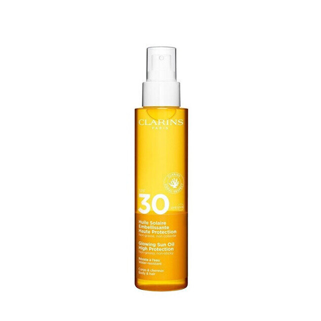 Ķermeņa un matu aizsargājošs eļļas aerosols Clarins Glowing Sun Oil SPF 30, 150 ml cena un informācija | Sauļošanās krēmi | 220.lv