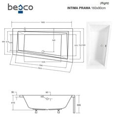 Vonia Besco Intima, 160 x 90 cm, dešininė цена и информация | Ванны | 220.lv