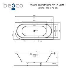 Vonia Besco Avita Slim+, 170 x 75 cm, dešininė, su aukso spalvos sifonu цена и информация | Ванны | 220.lv