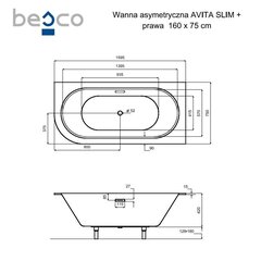 Vonia Besco Avita Slim+, 160 x 75 cm, dešininė, su aukso spalvos sifonu цена и информация | Ванны | 220.lv