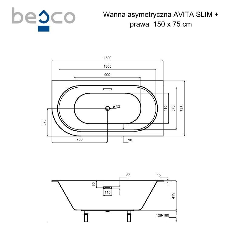 Vanna Besco Avita Slim+, 150x75 cm, labās puses cena un informācija | Vannas | 220.lv